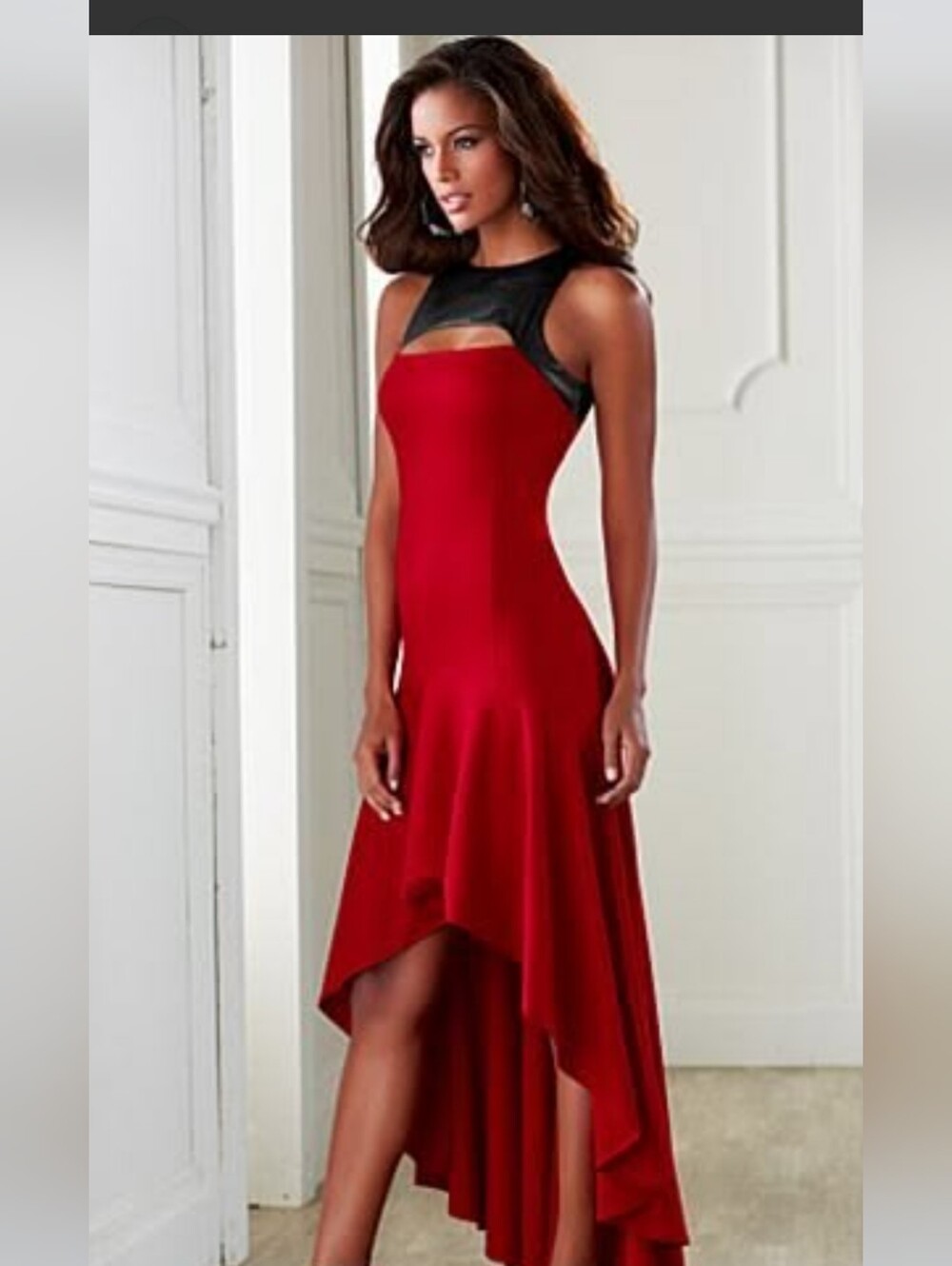 Venus Red High-Low Dress with Faux Leather Yoke